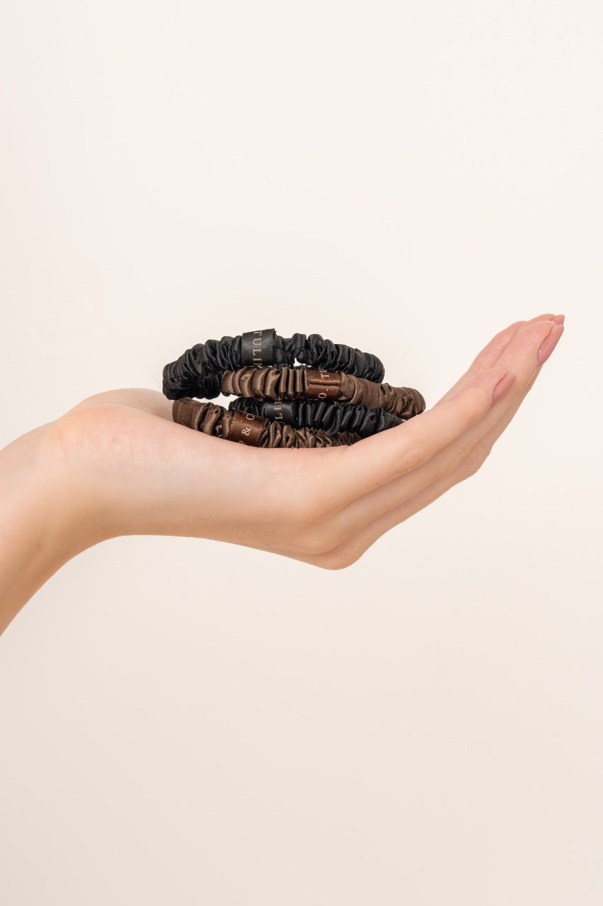 The Classic Silk Hairtie Set - Black & Coffee (4 Pack)